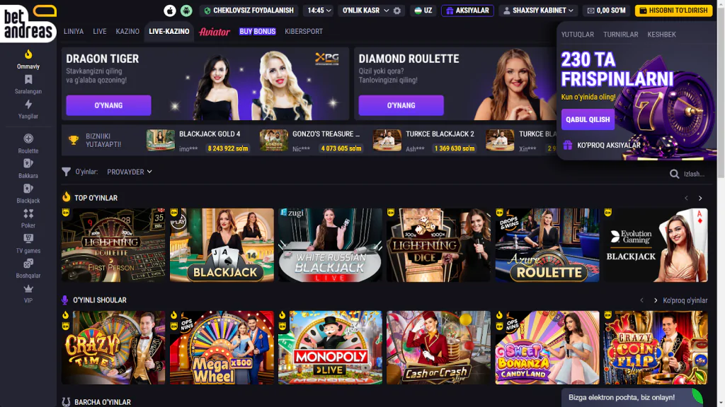 Betandreas Kazino bo’limining interfeysi va mavjud o’yinlari