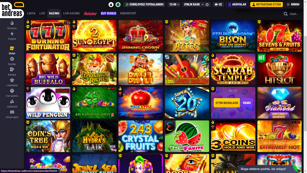 Betandreas turli xil kazino o'yinlarini, shu jumladan uyalar, stol o'yinlari va jonli kazino o'yinlarini taklif etadi. 