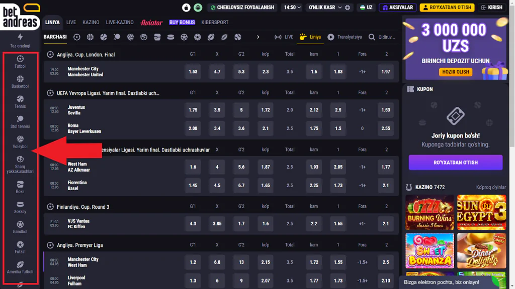 Betandreas sport turlari