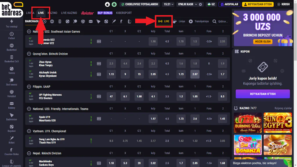 Betandreas “Live” bo’limi