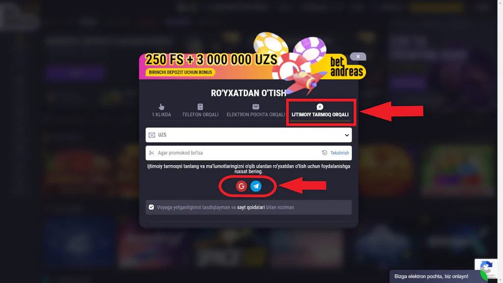 Betandreas  ro’yxatdan o’tish