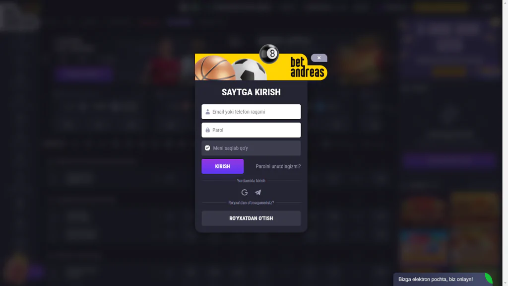 Betandreas rasmiy saytiga kirish